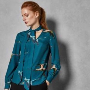 Ted Baker Rhetta Blouse teal color with crane print